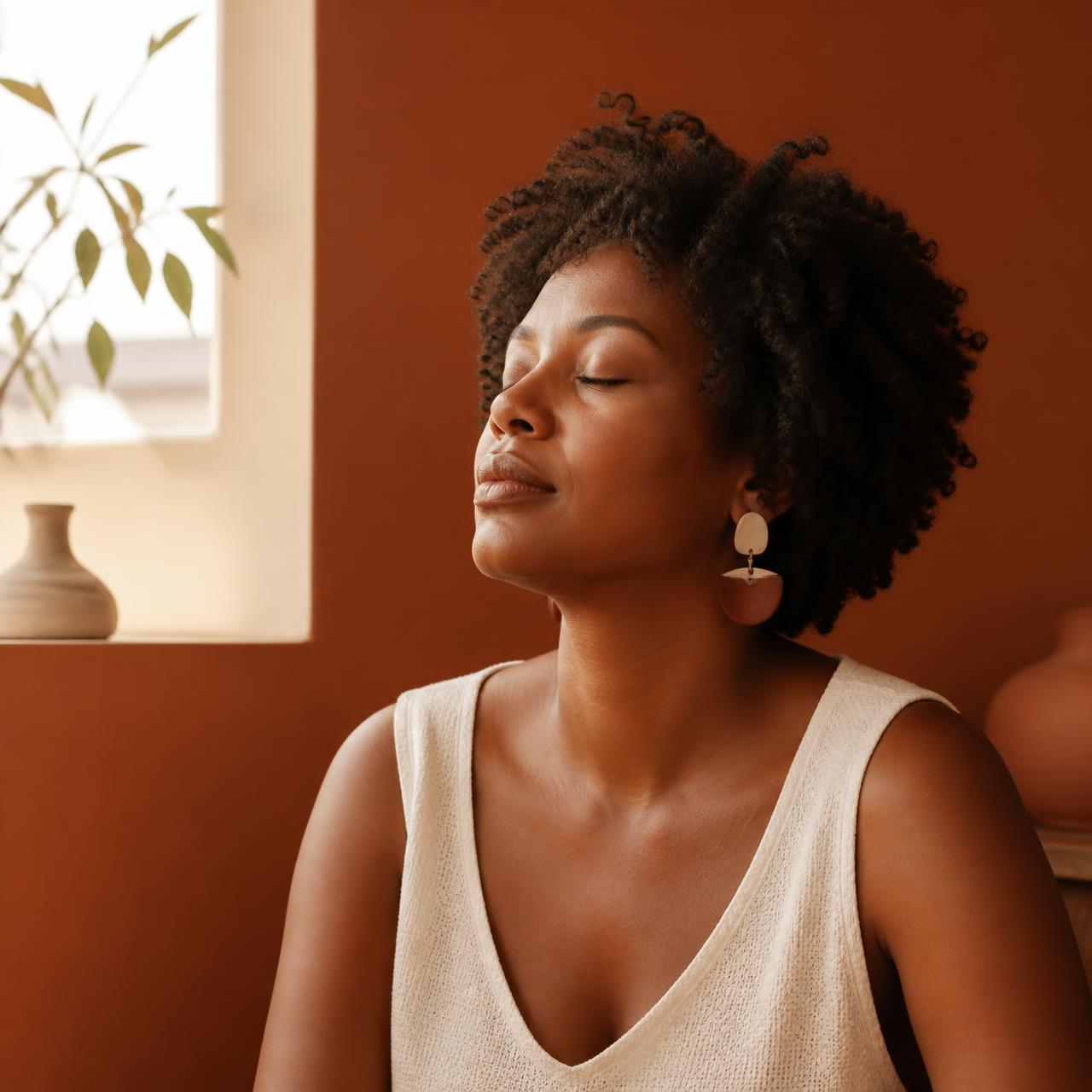 Mulher negra adulta em um momento contemplativo, de olhos fechados