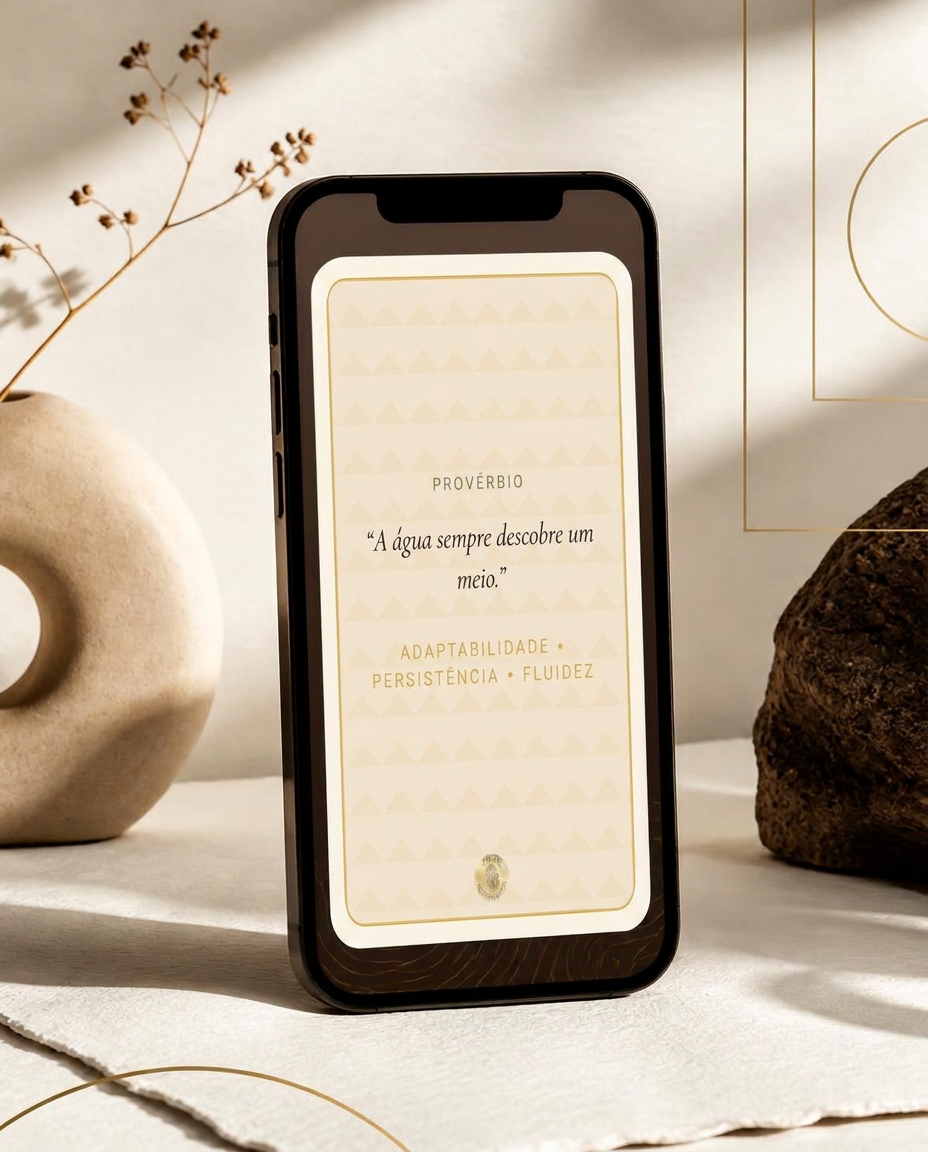 Aplicativo Saberes Ancestrais aberto em um celular, mostrando uma carta com ensinamento ancestral